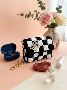 Handmade Black & White Checkered Mini Keychain Pouch with Gold Bow